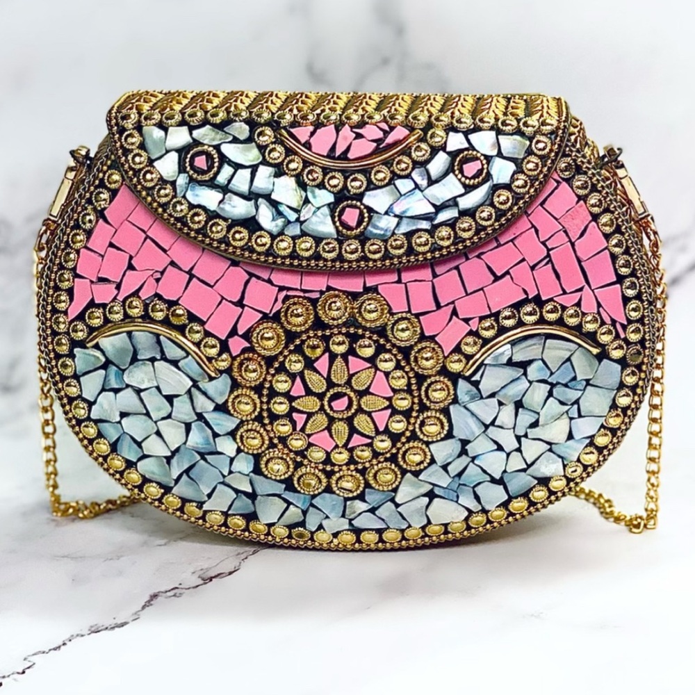 Ramla Beverly Hills Pink & Gold Mosaic Clutch Crossbody Bag Handmade in Morocco